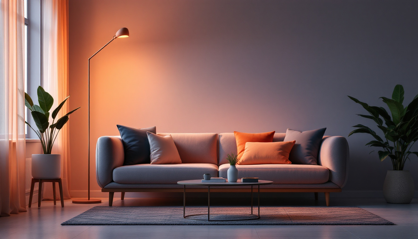 A photograph of a stylish floor lamp in a beautifully lit living room setting