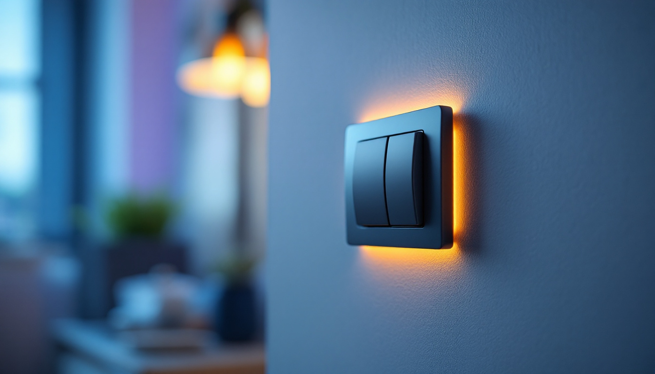 A photograph of a close-up of a paddle switch installed on a stylish wall