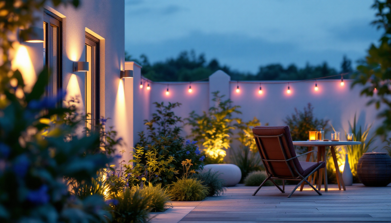 A photograph of a beautifully illuminated outdoor space featuring volt outdoor lighting fixtures