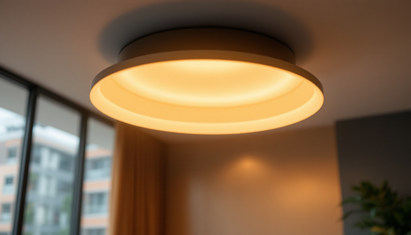 A photograph of a stylish flushmount ceiling light installed in a modern interior setting