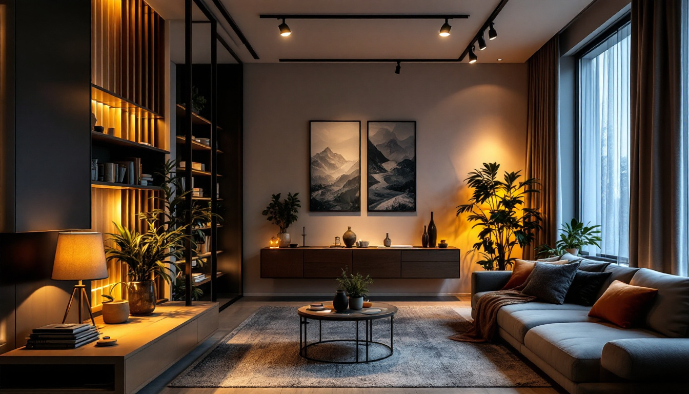 A photograph of a stylish interior space featuring led track lights illuminating various areas