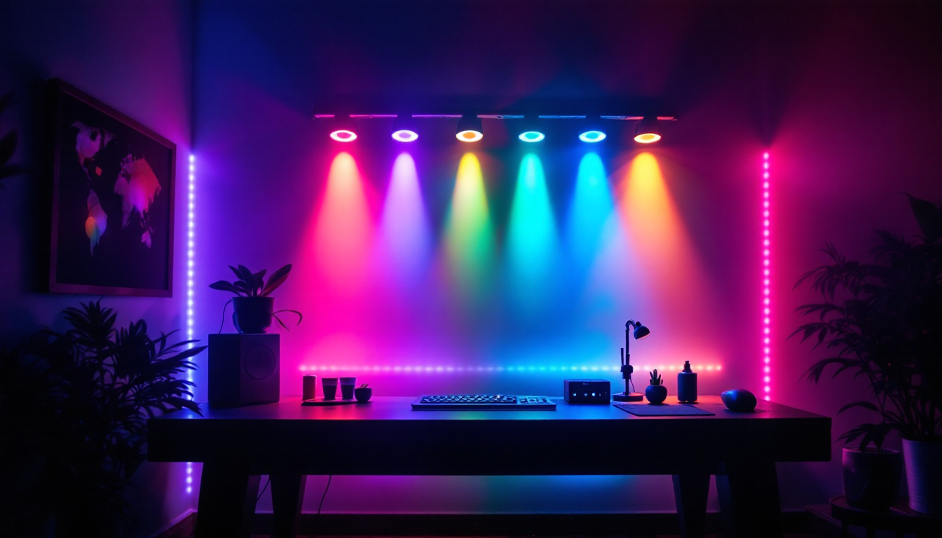 A photograph of a vibrant rgb led setup in a dimly lit environment
