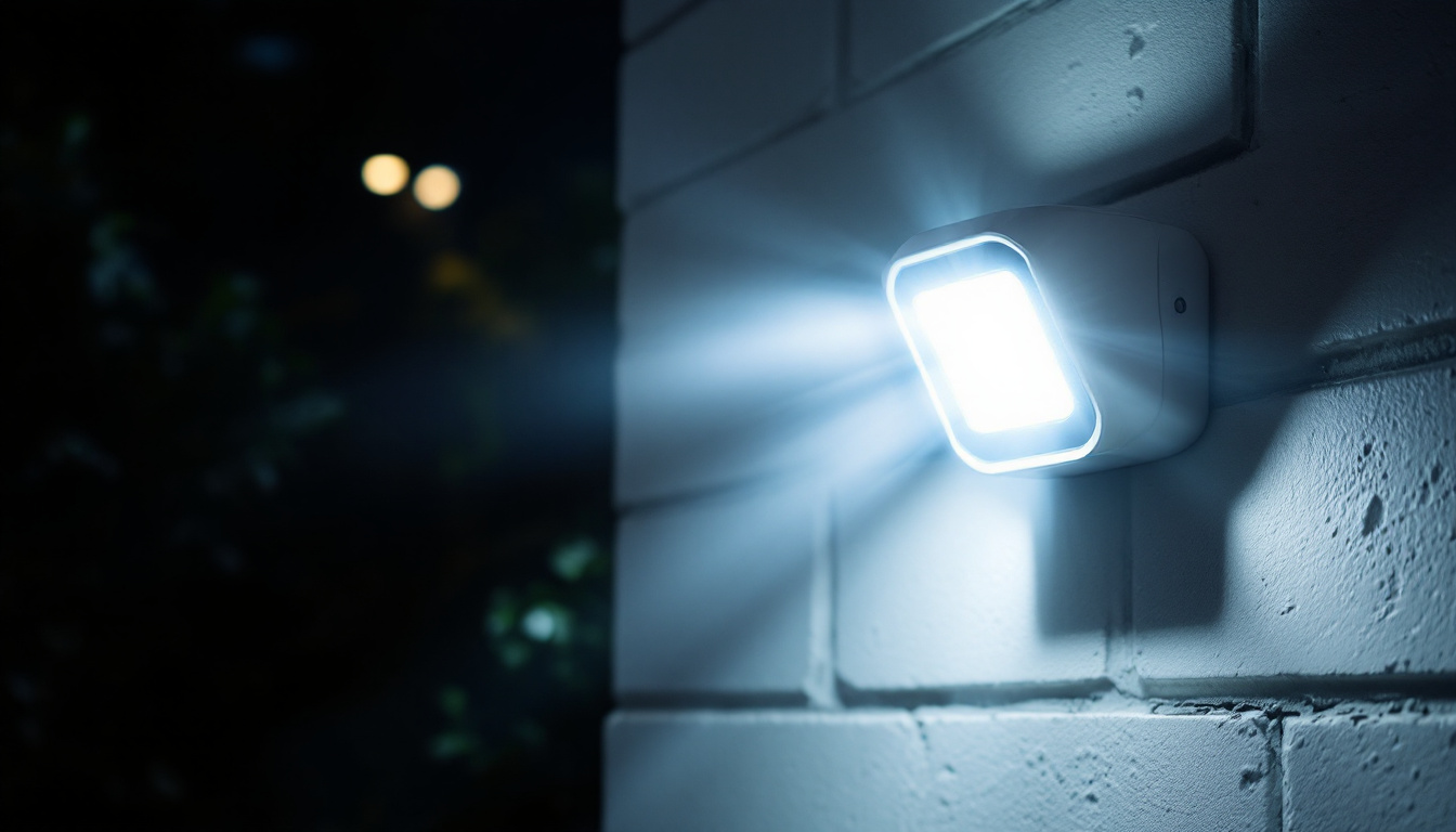 A photograph of a motion detector flood light in action