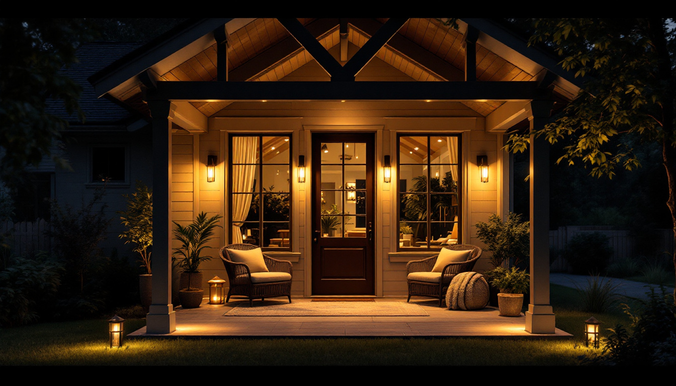 A photograph of a beautifully designed porch featuring stylish ceiling lights that illuminate the space warmly