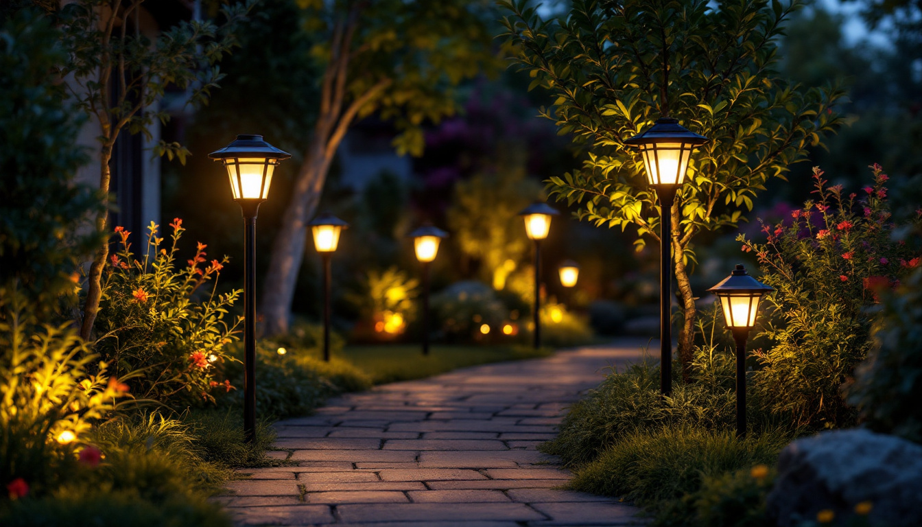 A photograph of a beautifully lit outdoor space featuring various styles of post solar lights illuminating a garden or pathway at dusk