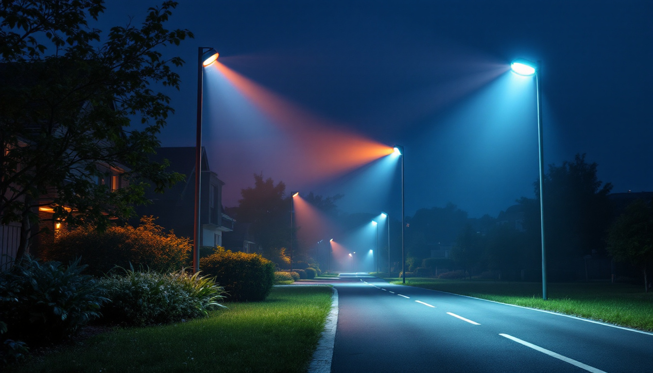 A photograph of a well-lit outdoor scene showcasing various flood lights illuminating different areas