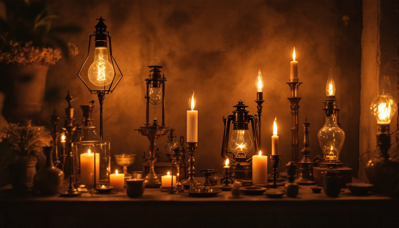 A photograph of a historical display of various pre-electric lighting sources