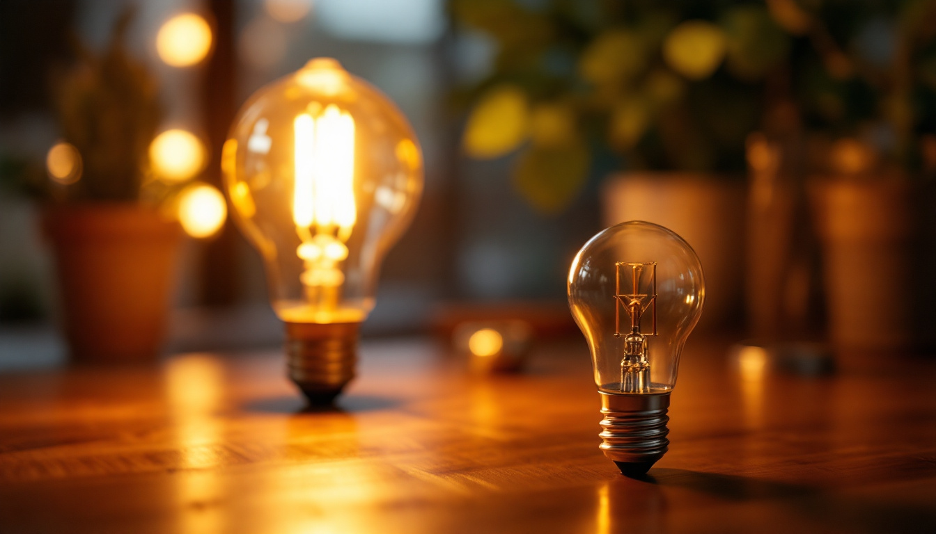 A photograph of a t12 bulb illuminated in a stylish setting