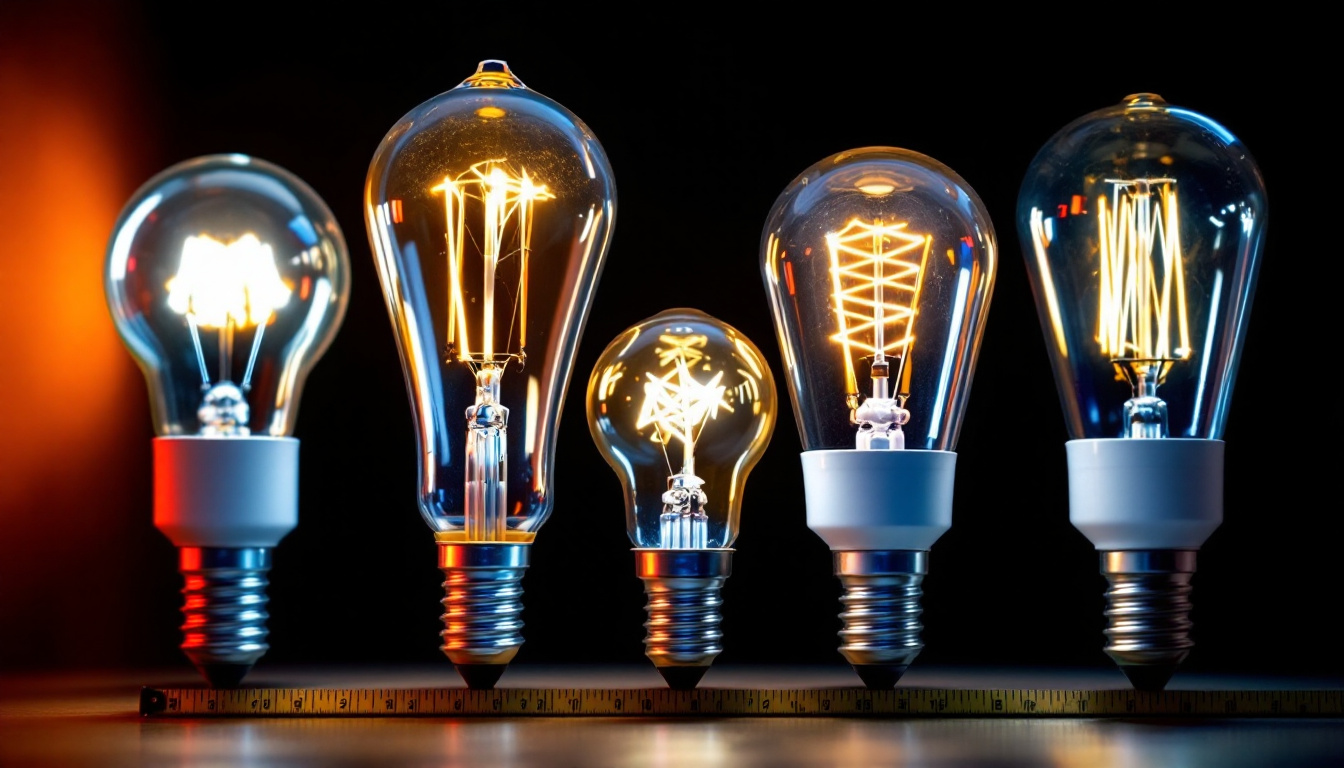 A photograph of a variety of incandescent bulb bases displayed alongside a measuring tape