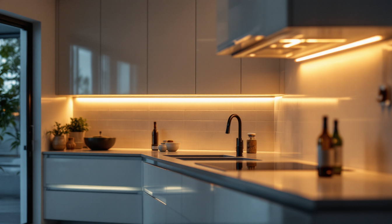 A photograph of capture a photograph of a beautifully lit kitchen with led strip lighting installed under the cabinets