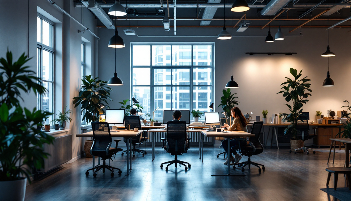 A photograph of a modern office space showcasing various lighting options