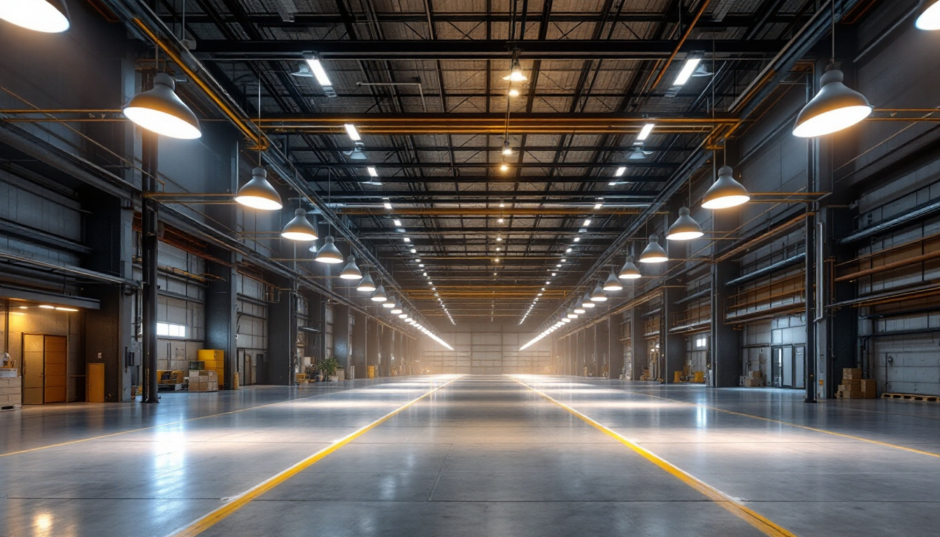 A photograph of a spacious industrial interior showcasing high bay lighting fixtures illuminating the area