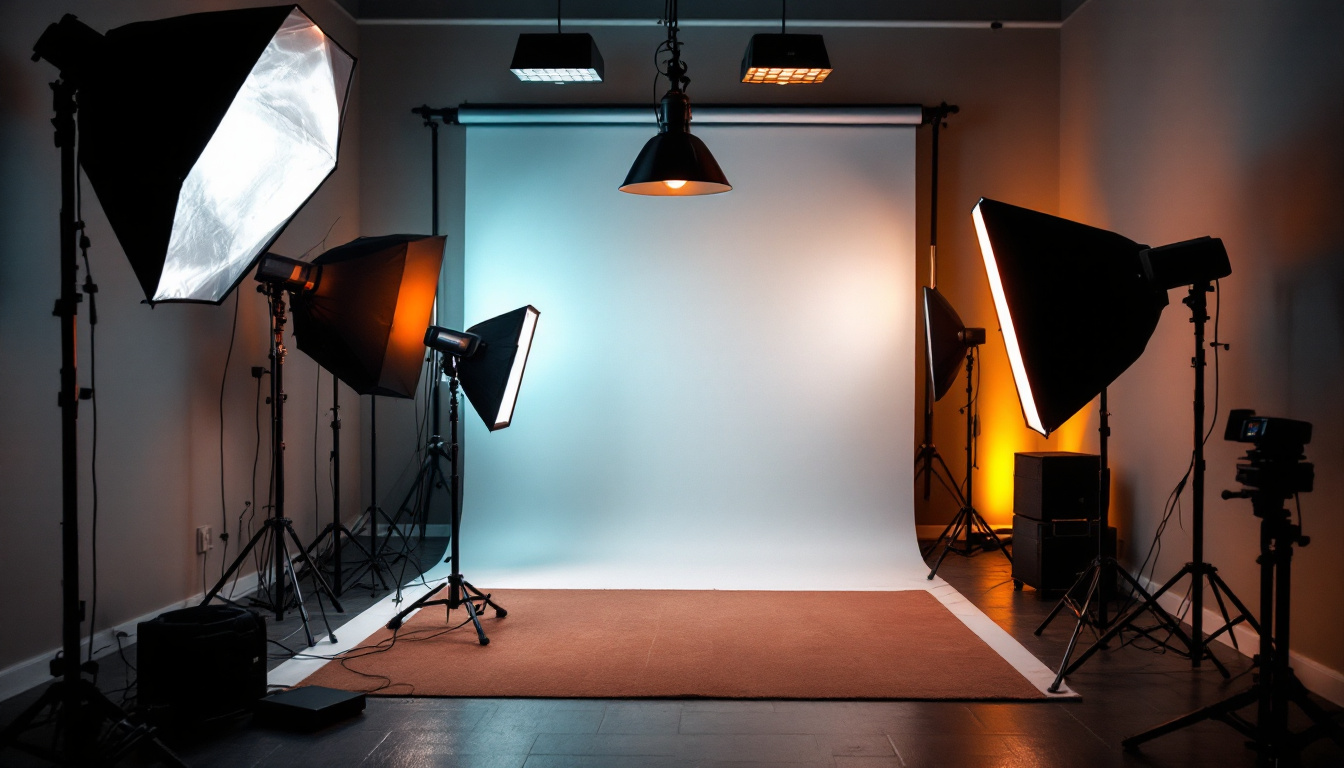 A photograph of a well-lit studio setup showcasing various lighting techniques