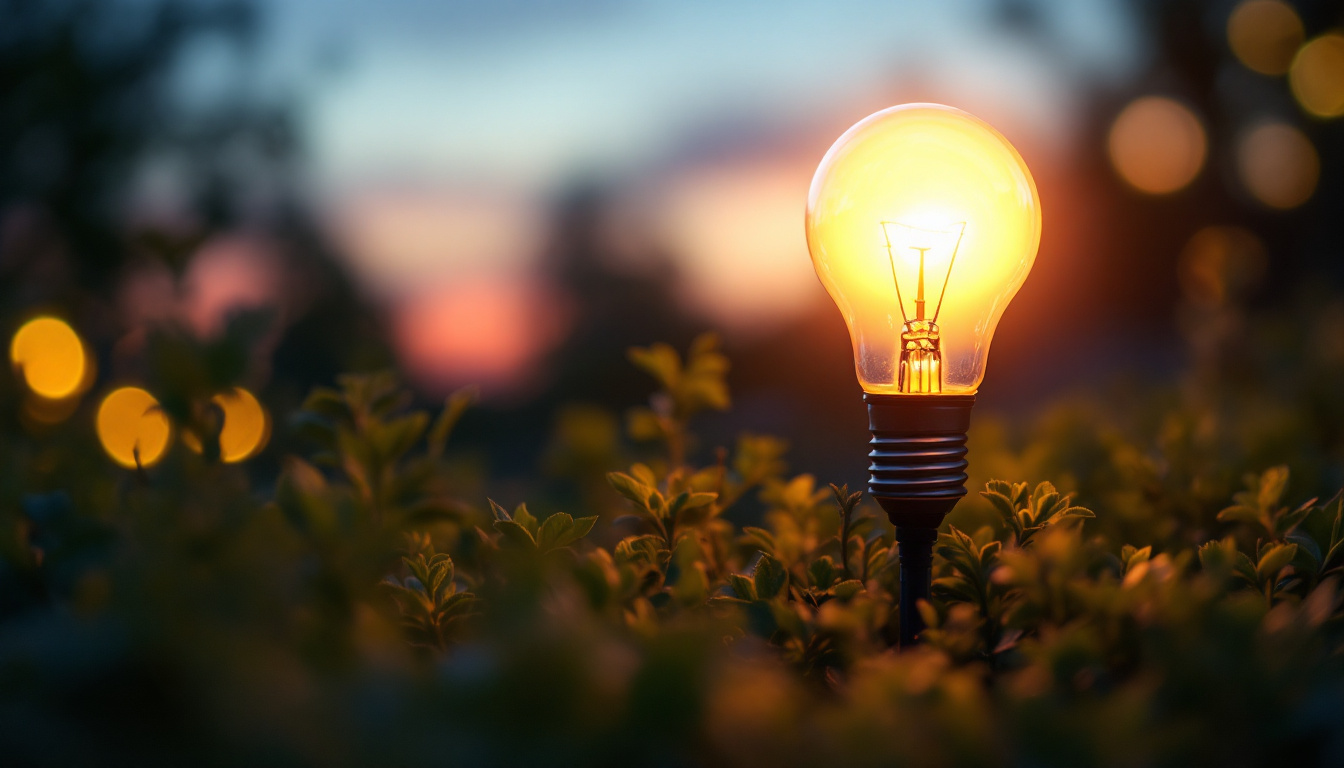 A photograph of a solar-powered light bulb glowing softly in an outdoor setting during twilight