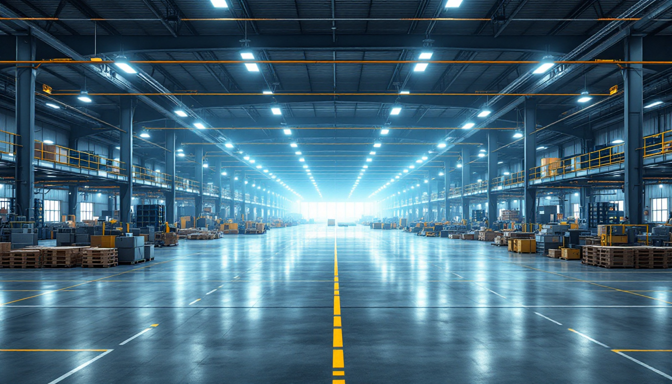A photograph of capture a photograph of a spacious industrial facility with bright