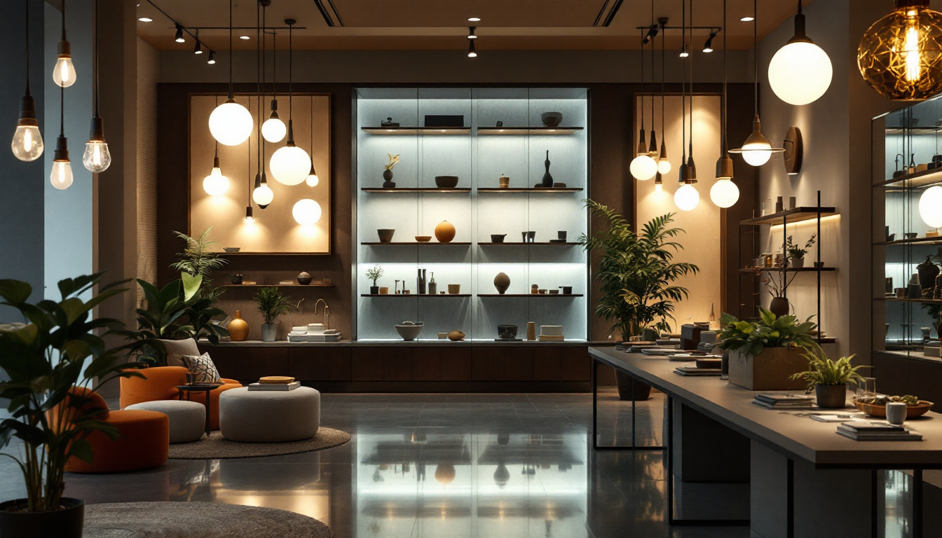 A photograph of a stylishly lit retail space showcasing various lighting fixtures