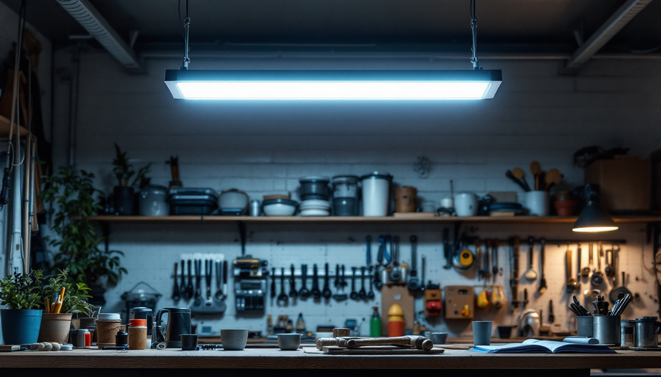 A photograph of capture a photograph of a well-lit workshop or garage featuring an 8-foot led shop light fixture installed overhead