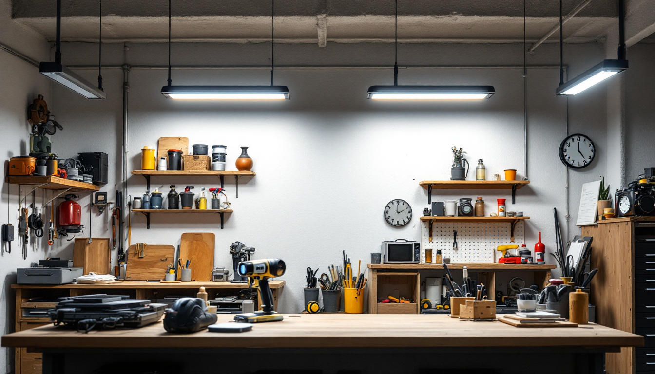 A photograph of a well-lit workshop or garage space featuring 8 ft led shop lights installed overhead