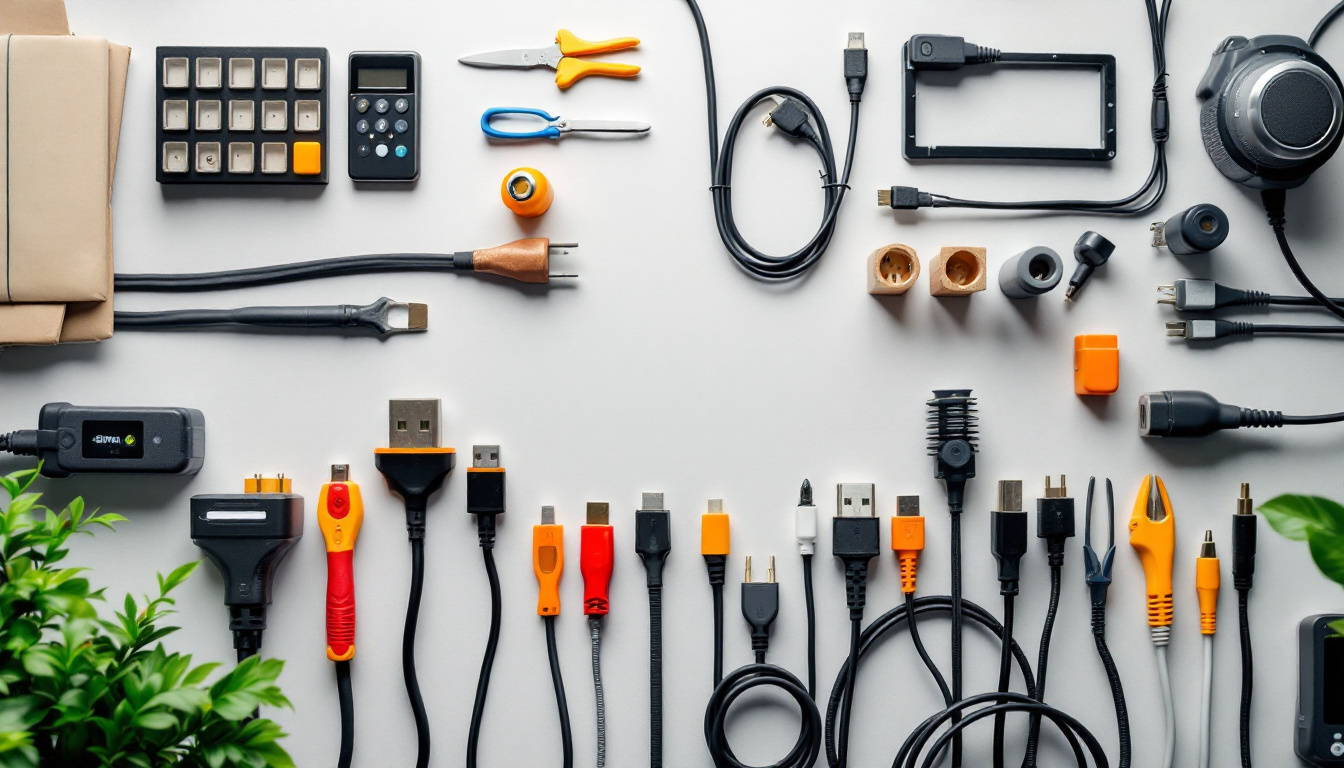 A photograph of a well-organized workspace featuring a variety of electrical cords