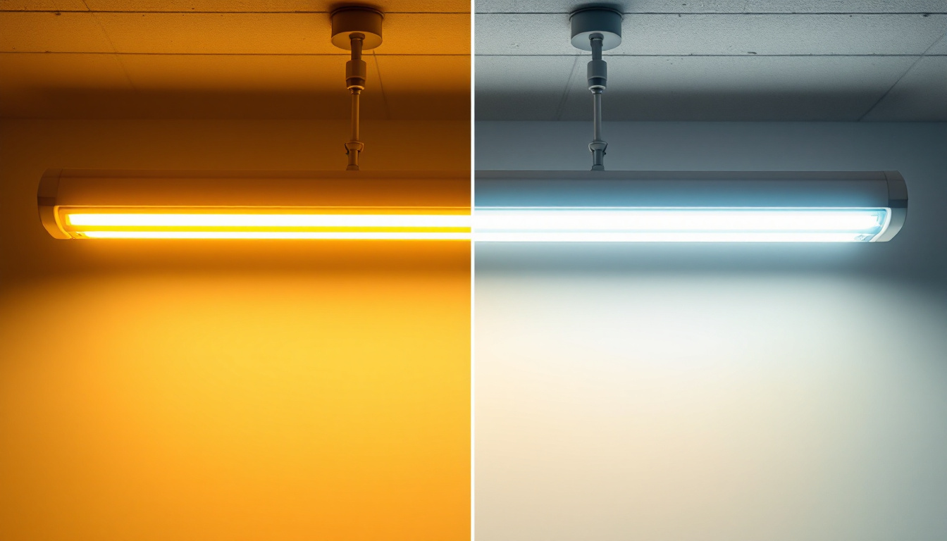 A photograph of a side-by-side comparison of a fluorescent light fixture and an led light fixture in a well-lit room