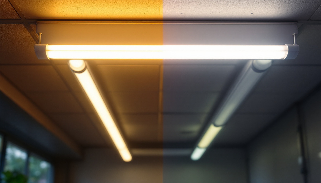 A photograph of a side-by-side comparison of a fluorescent tube and an led replacement tube installed in a well-lit environment