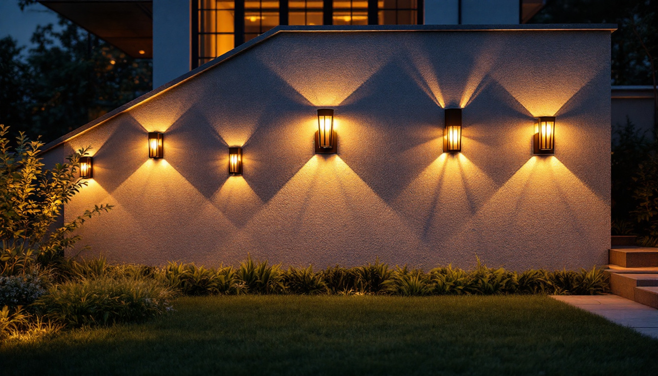 A photograph of a beautifully lit exterior wall showcasing a variety of stylish wall light fixtures in an inviting outdoor setting