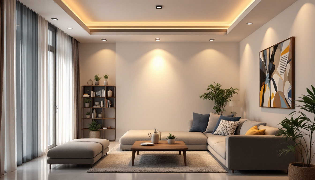 A photograph of a beautifully designed living space featuring ceiling pot lights and recessed lighting
