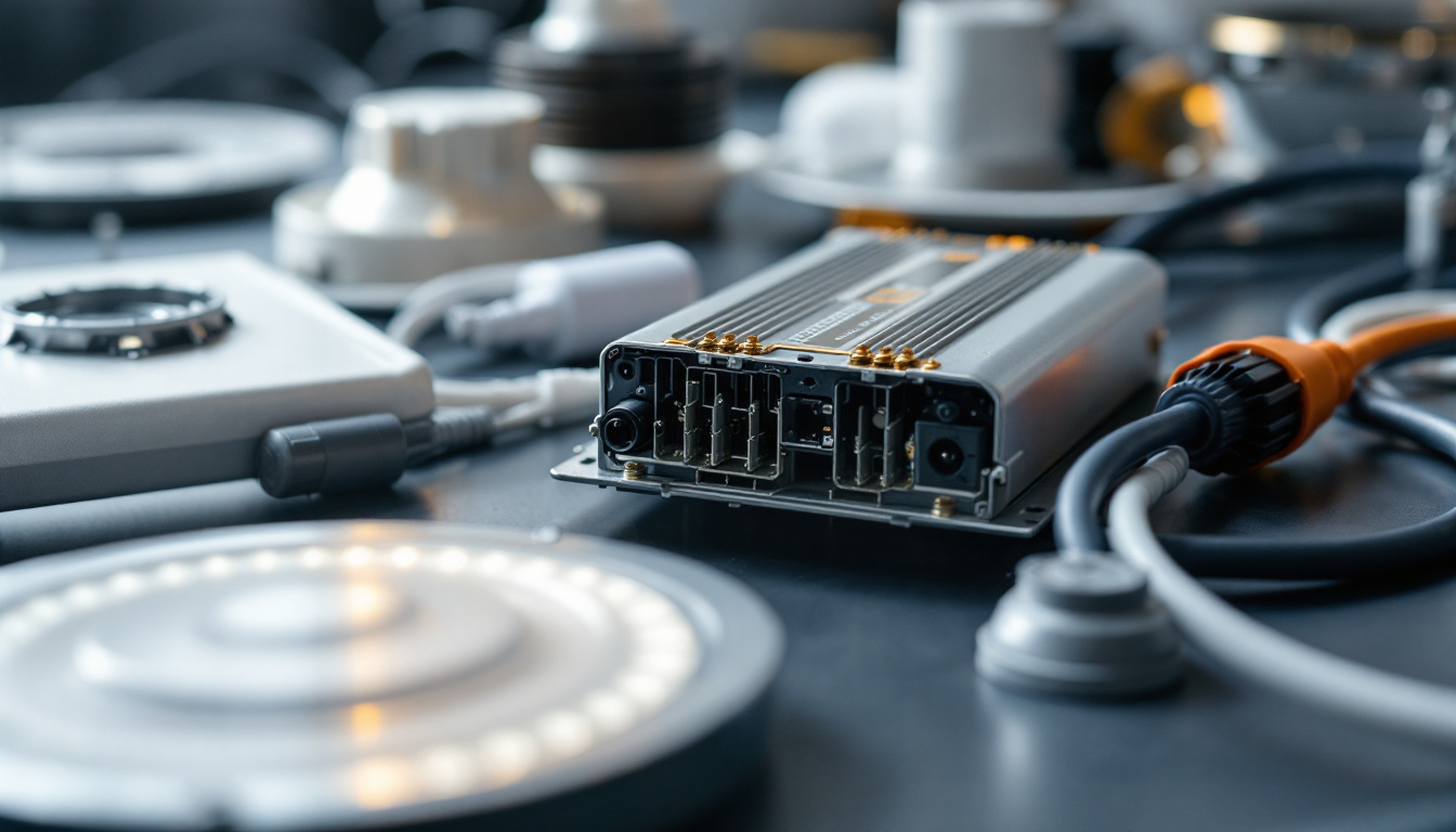 A photograph of a close-up of a lighting ballast alongside various types of light fixtures