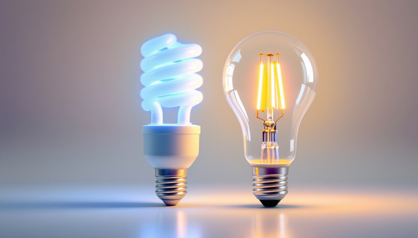 A photograph of a side-by-side comparison of a fluorescent bulb and an led bulb