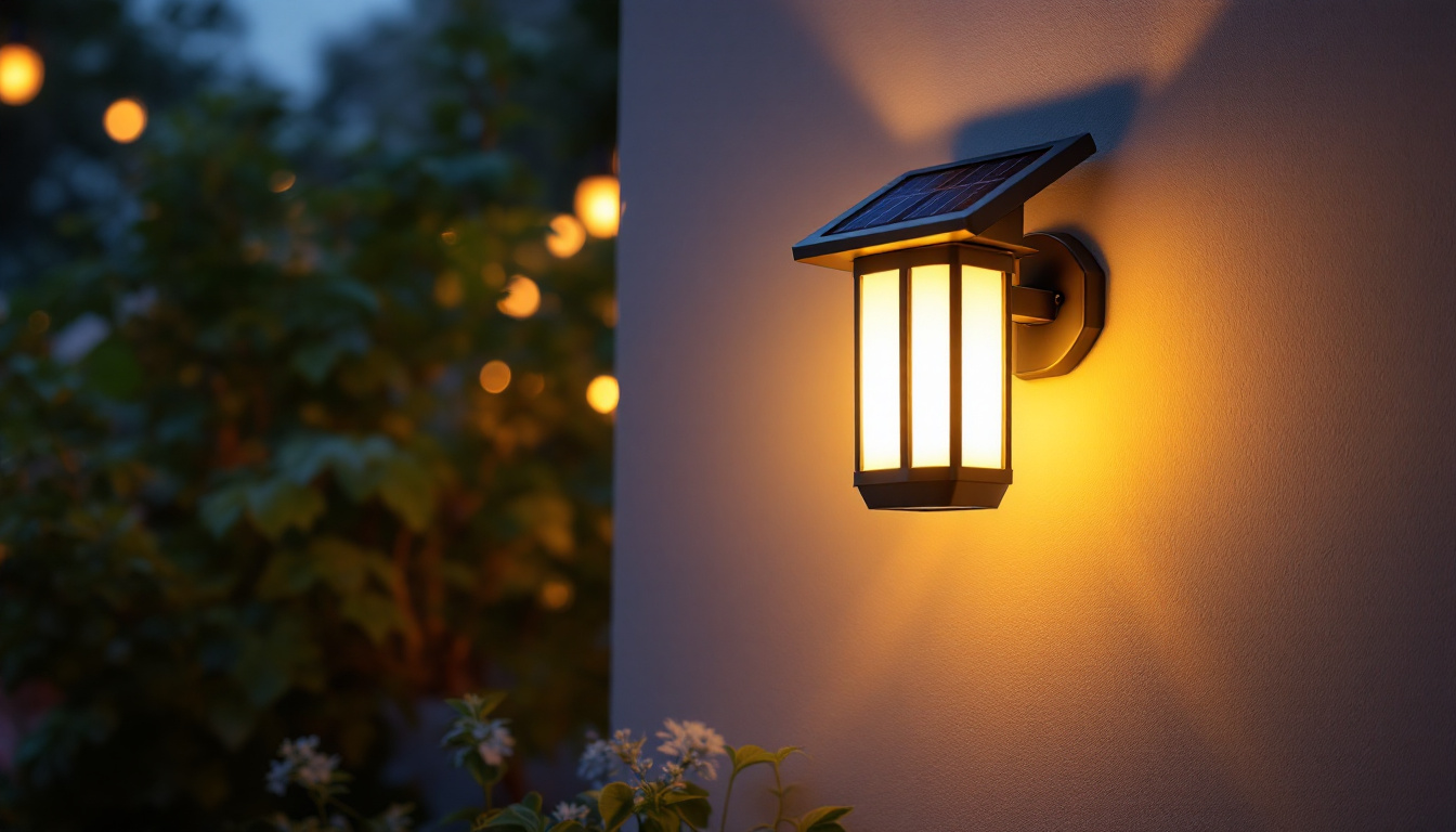 A photograph of a beautifully designed solar wall lamp illuminating a cozy outdoor space at dusk