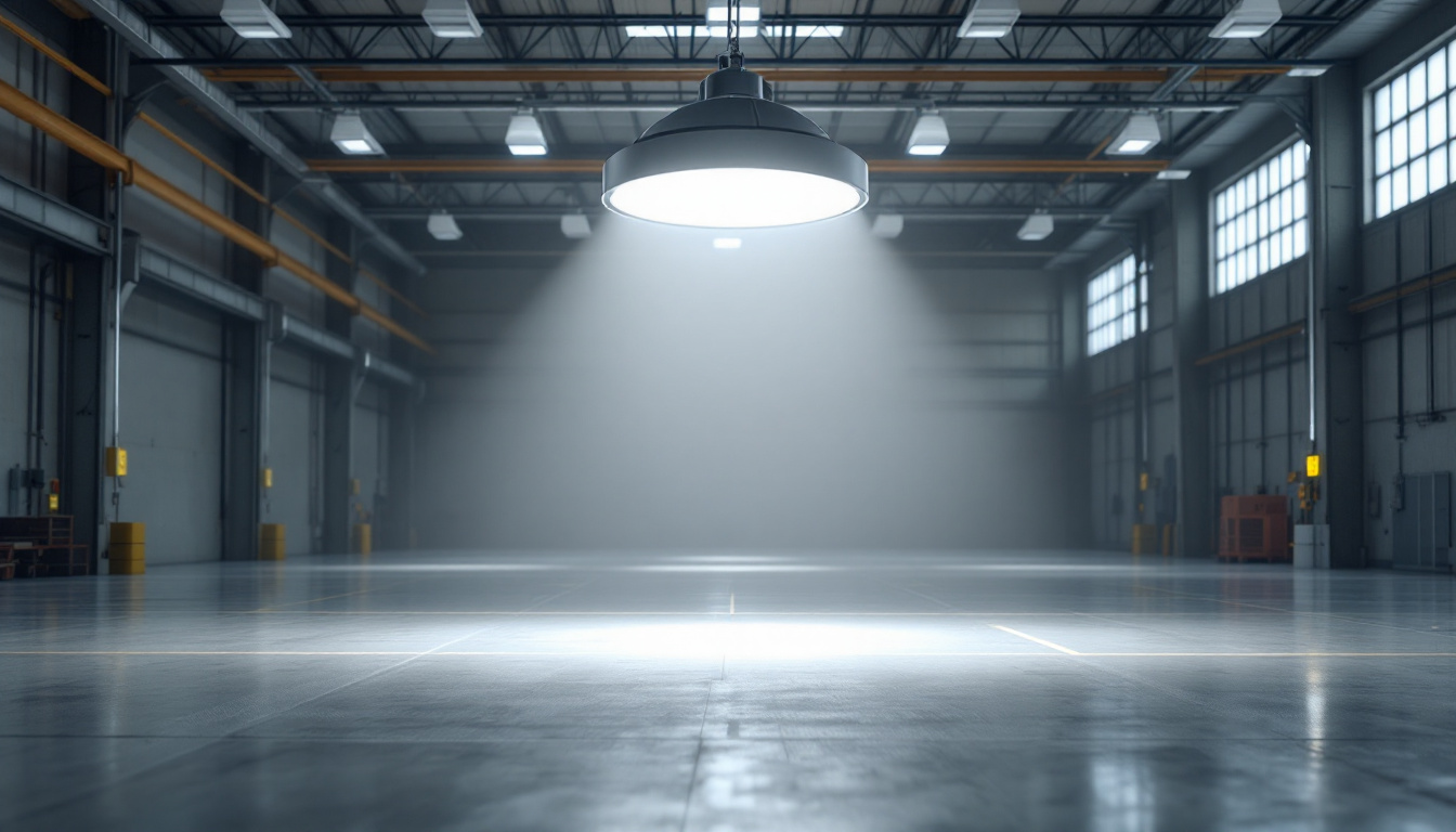 A photograph of a high bay light installation in a spacious industrial setting
