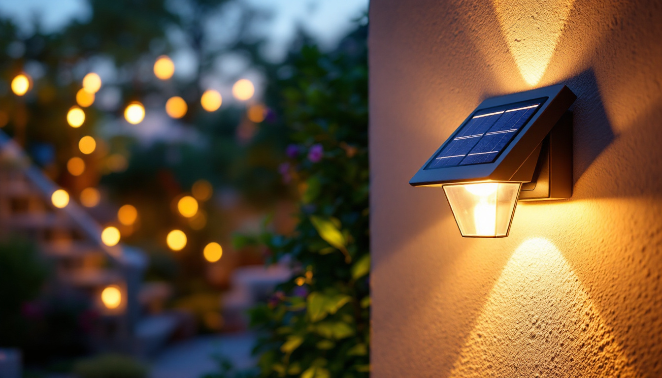 A photograph of a beautifully illuminated solar wall light installed in a cozy outdoor setting during twilight