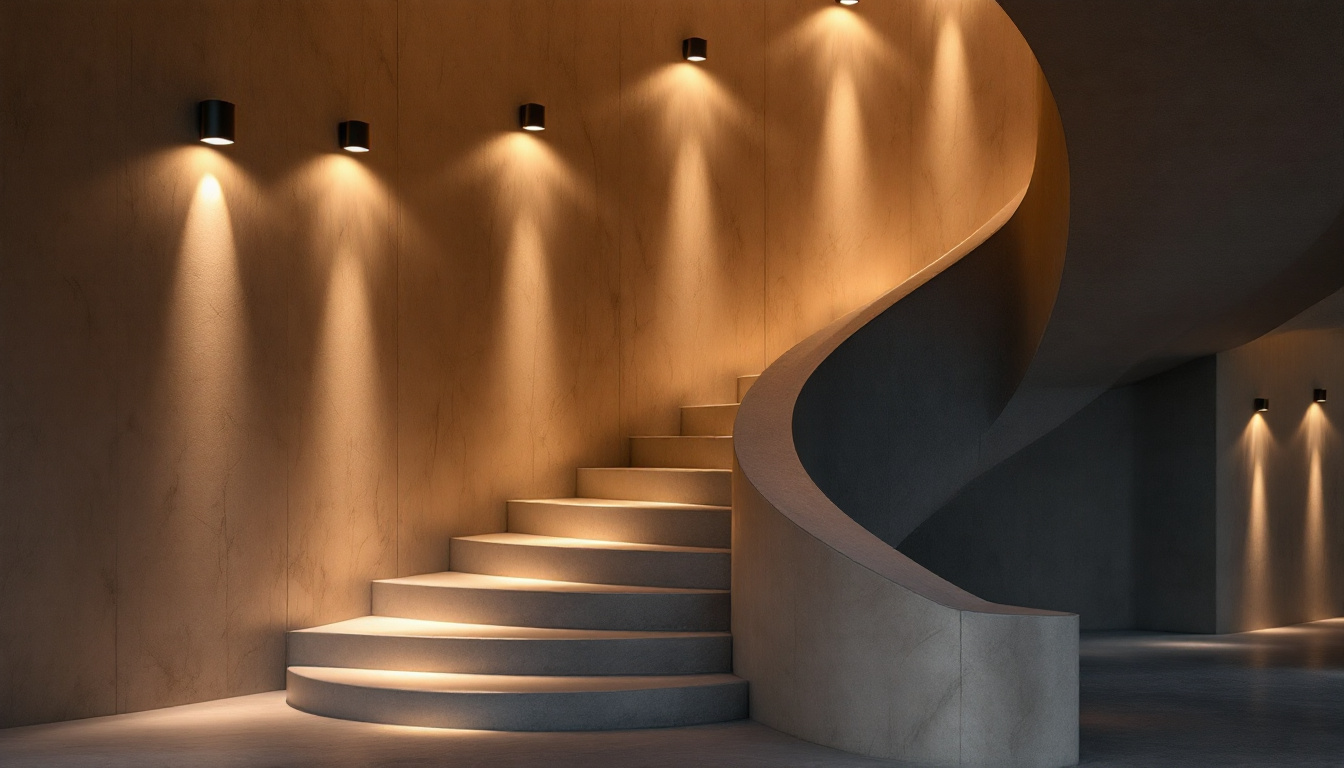 A photograph of a beautifully illuminated staircase showcasing various lighting options