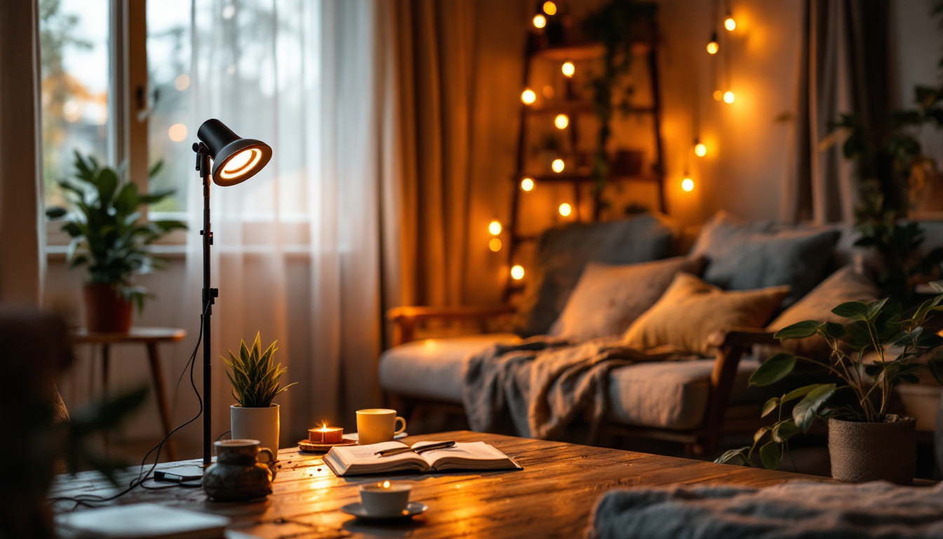 A photograph of a stylish portable lighting setup in a cozy indoor environment