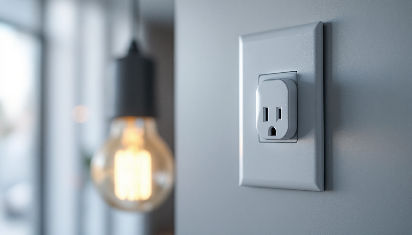 A photograph of an electrical receptacle with a light fixture in the background