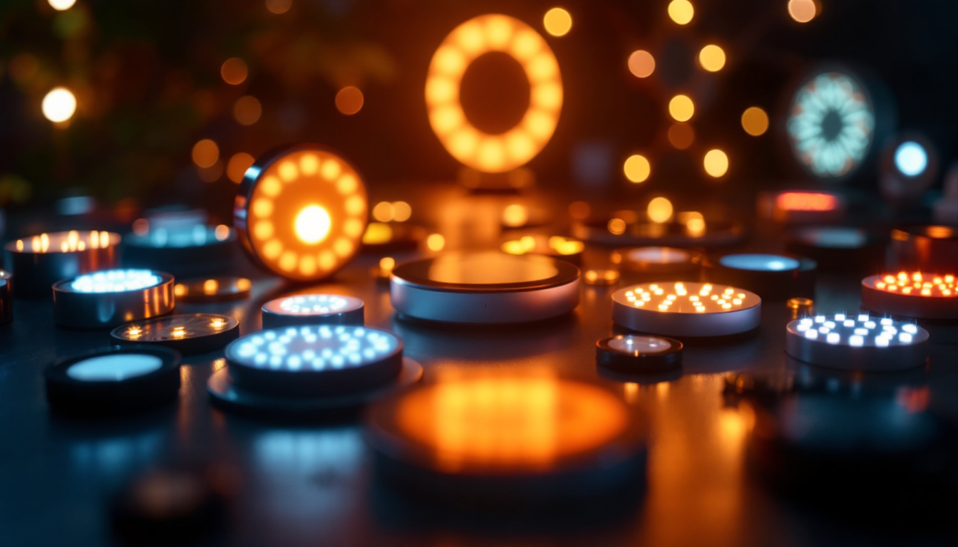 A photograph of a beautifully arranged display of various led wafer lights in a dimly lit environment