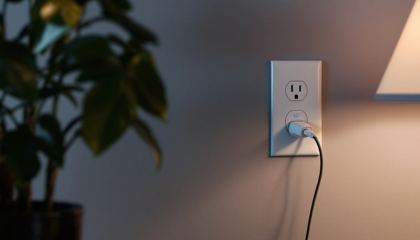 A photograph of a well-lit wall outlet in a stylish interior setting