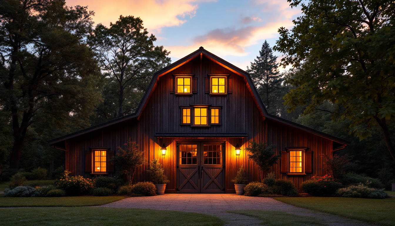 A photograph of a beautifully lit exterior barn featuring a variety of stylish barn light fixtures