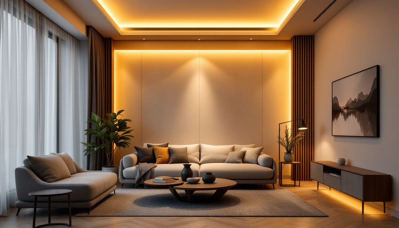 A photograph of a modern living space featuring recessed can lighting