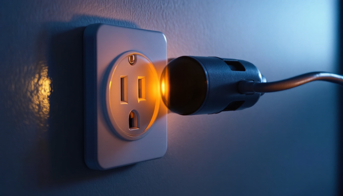 A photograph of a close-up view of a modern electricity receptacle with an illuminated light bulb in the background