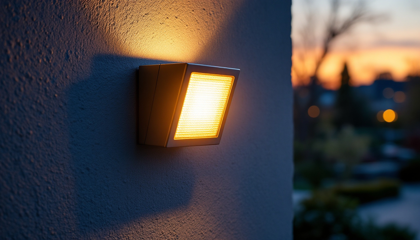 A photograph of a well-lit wall pack fixture illuminating an outdoor space at dusk
