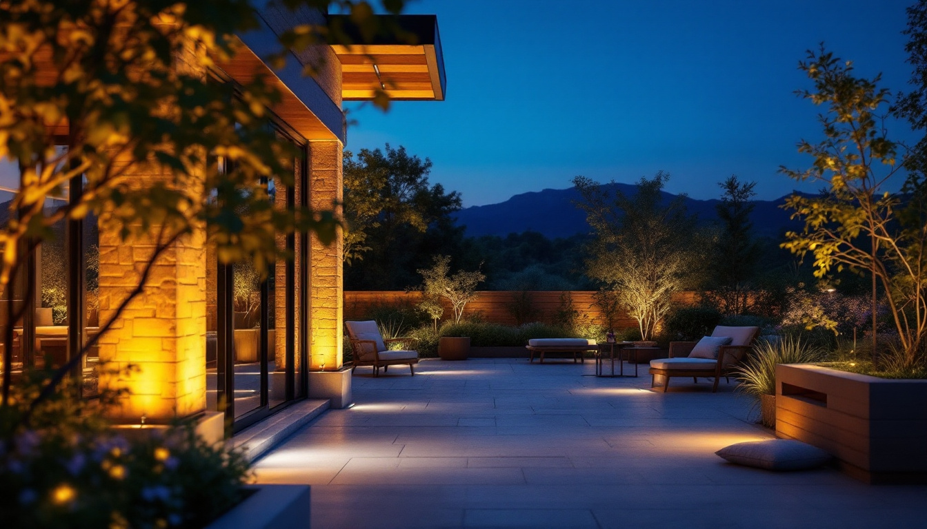 A photograph of a beautifully illuminated outdoor space featuring various styles of exterior led lights