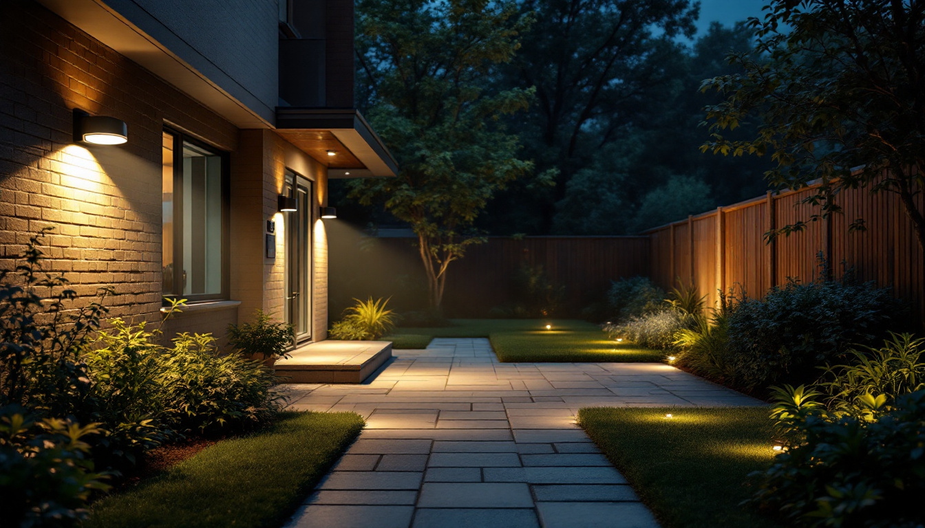A photograph of capture a photograph of a well-lit outdoor space showcasing various types of security lighting