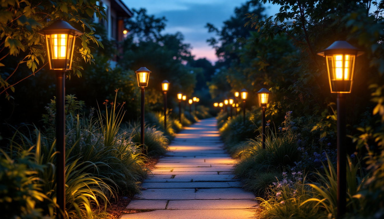 A photograph of a beautifully illuminated solar-powered walkway at dusk