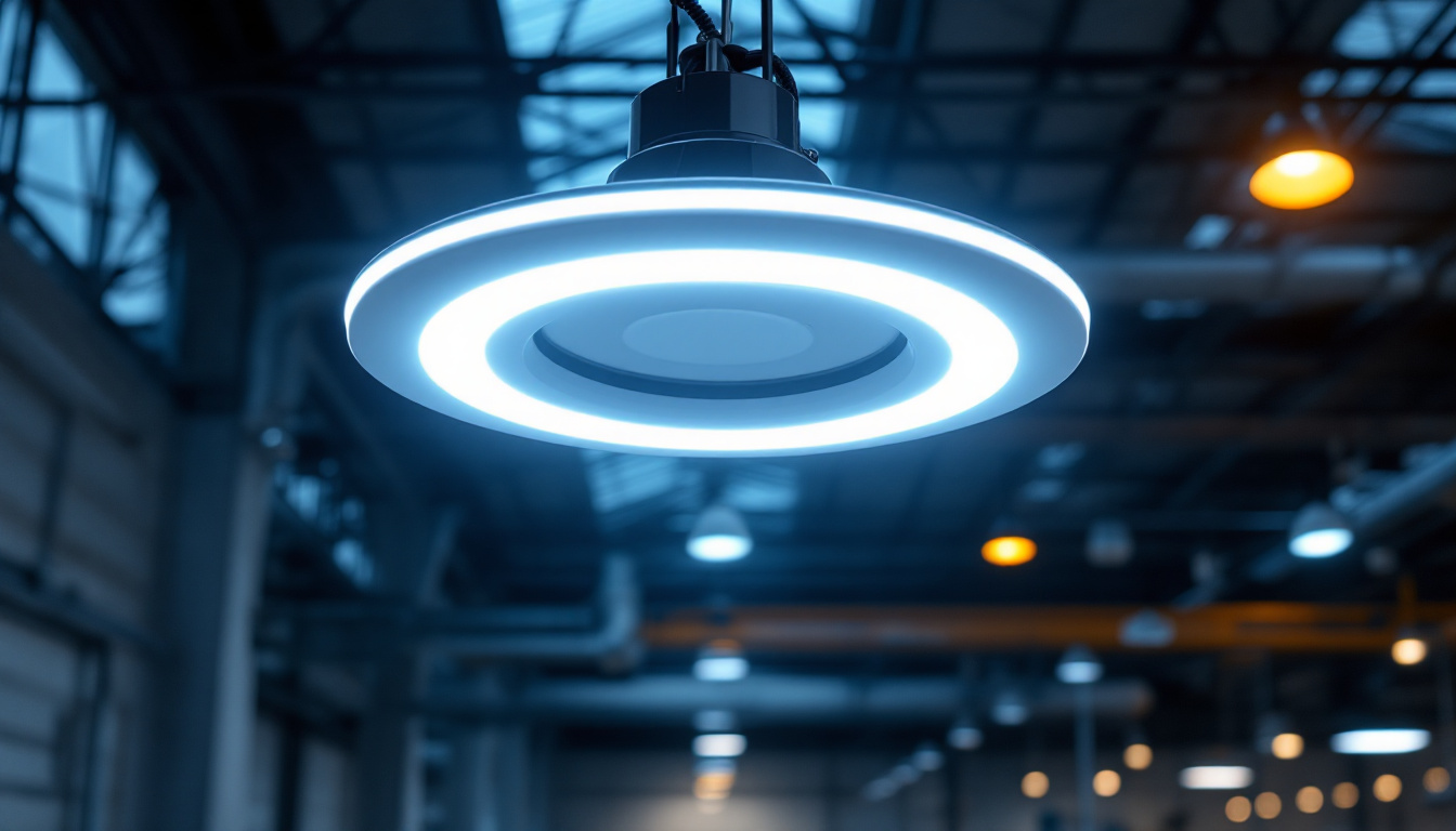 A photograph of a sleek led ufo high bay light installed in an industrial setting