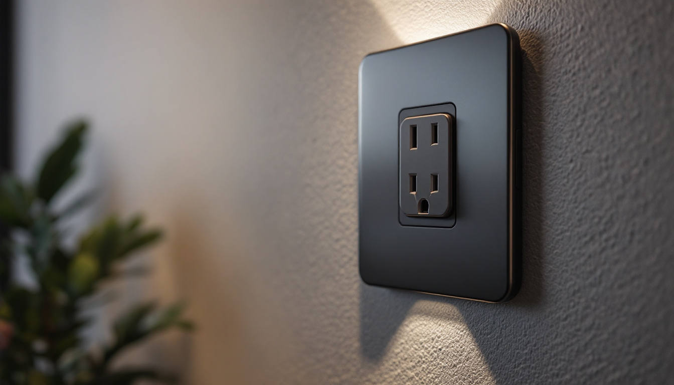 A photograph of a close-up shot of a stylish plug outlet integrated into a modern wall design