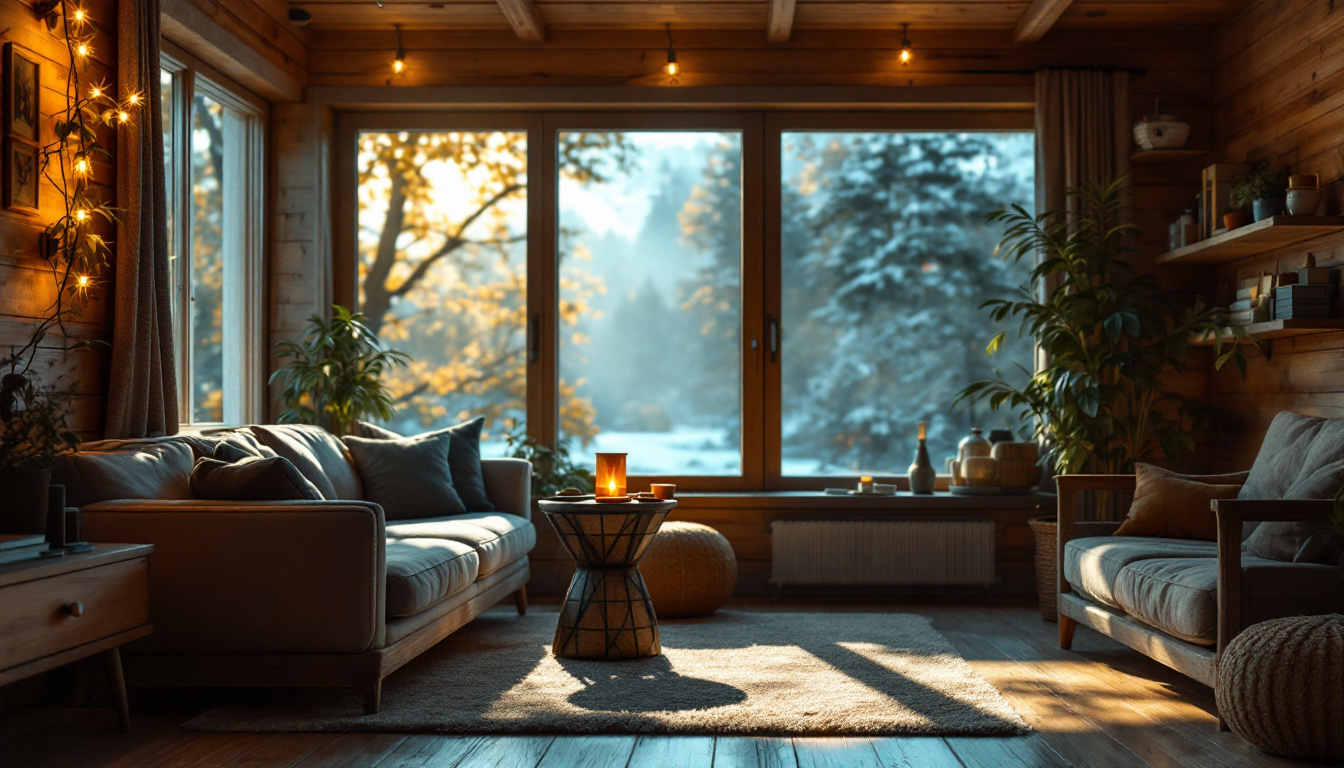A photograph of a cozy cabin interior illuminated by warm