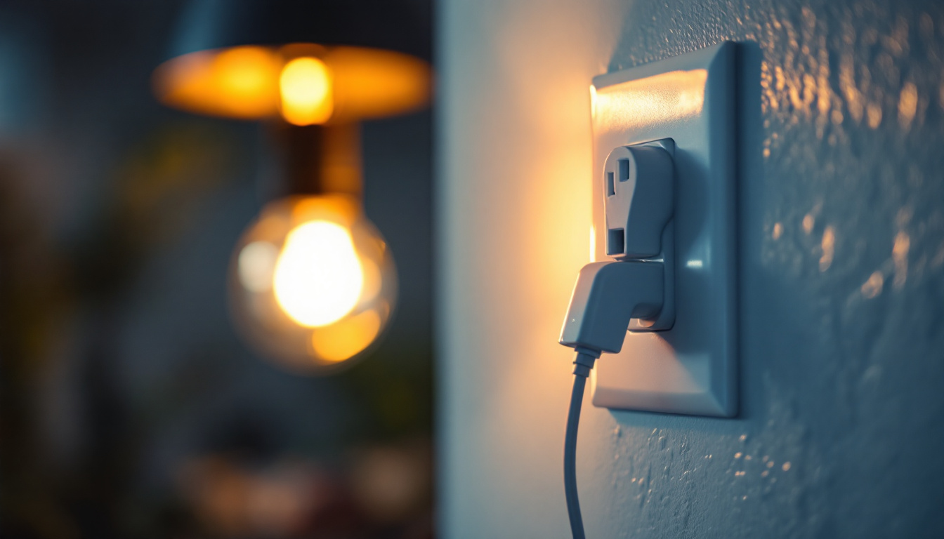 A photograph of a close-up shot of an outlet receptacle with a light fixture in the background