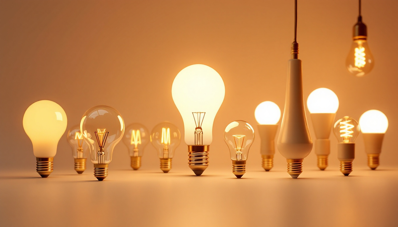 A photograph of a beautifully arranged display of various light bulbs