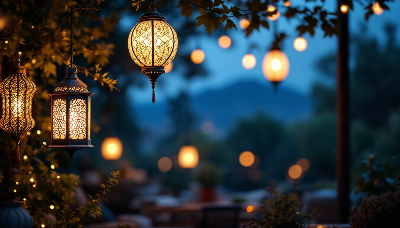 A photograph of a beautifully arranged scene featuring various styles of hanging lanterns illuminated at dusk